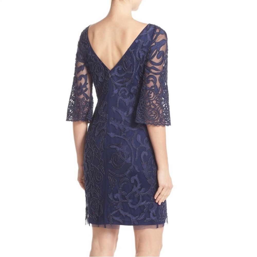 Aidan MATTOX ($475) Beaded Sheer Mesh Sleeve Navy Blue Cocktail Dress 4 - Picture 8 of 14